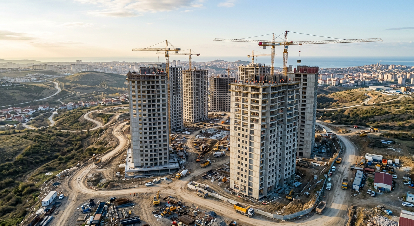 İnşaatı süren bloklar ve vinçler